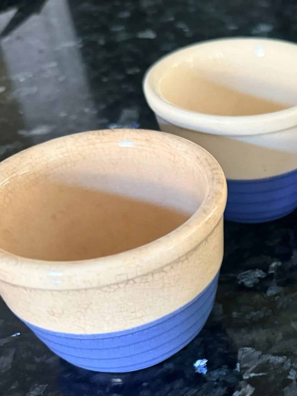Vintage Blue & Cream Stoneware Ramekins/Custard Cups – Set of 4